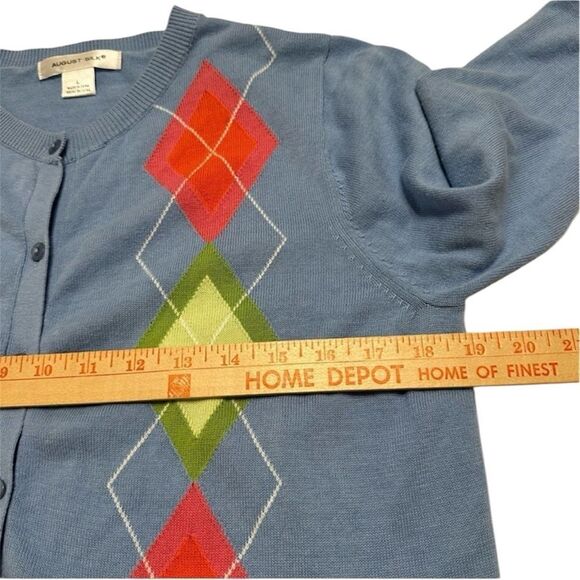 AUGUST SILK PERIWINKLE ARGYLE BUTTON UP 3/4 SLEEVE COTTON CARDIGAN SWEATER LARGE - Picture 5 of 9
